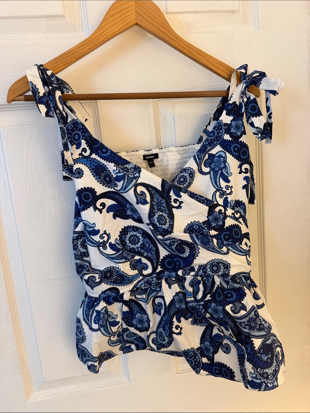 Express White and Blue Paisley Tie-Shoulder Peplum Camisole